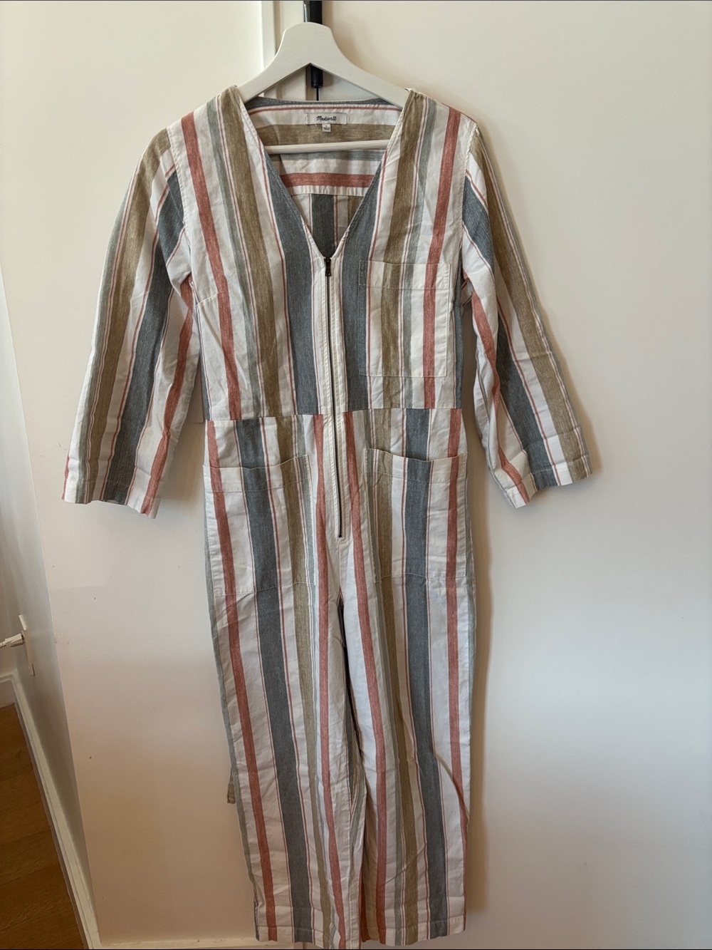 Madewell Striped Zip-Front Jumpsuit in White, Blue & Tan